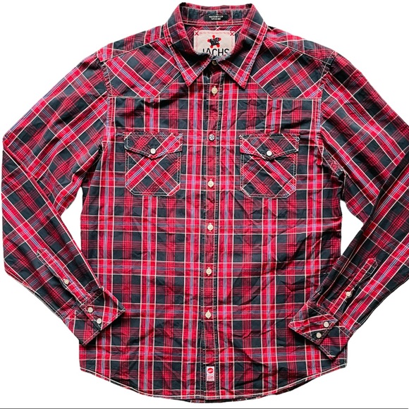 JACHS Shirt Size XL Men's X Large Red Plaid Pearl Snaps Long Sleeve Button Up - Picture 2 of 10